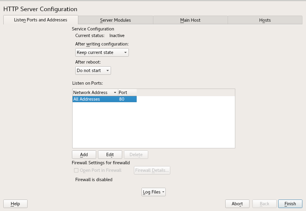 HTTP server configuration: listen ports and addresses